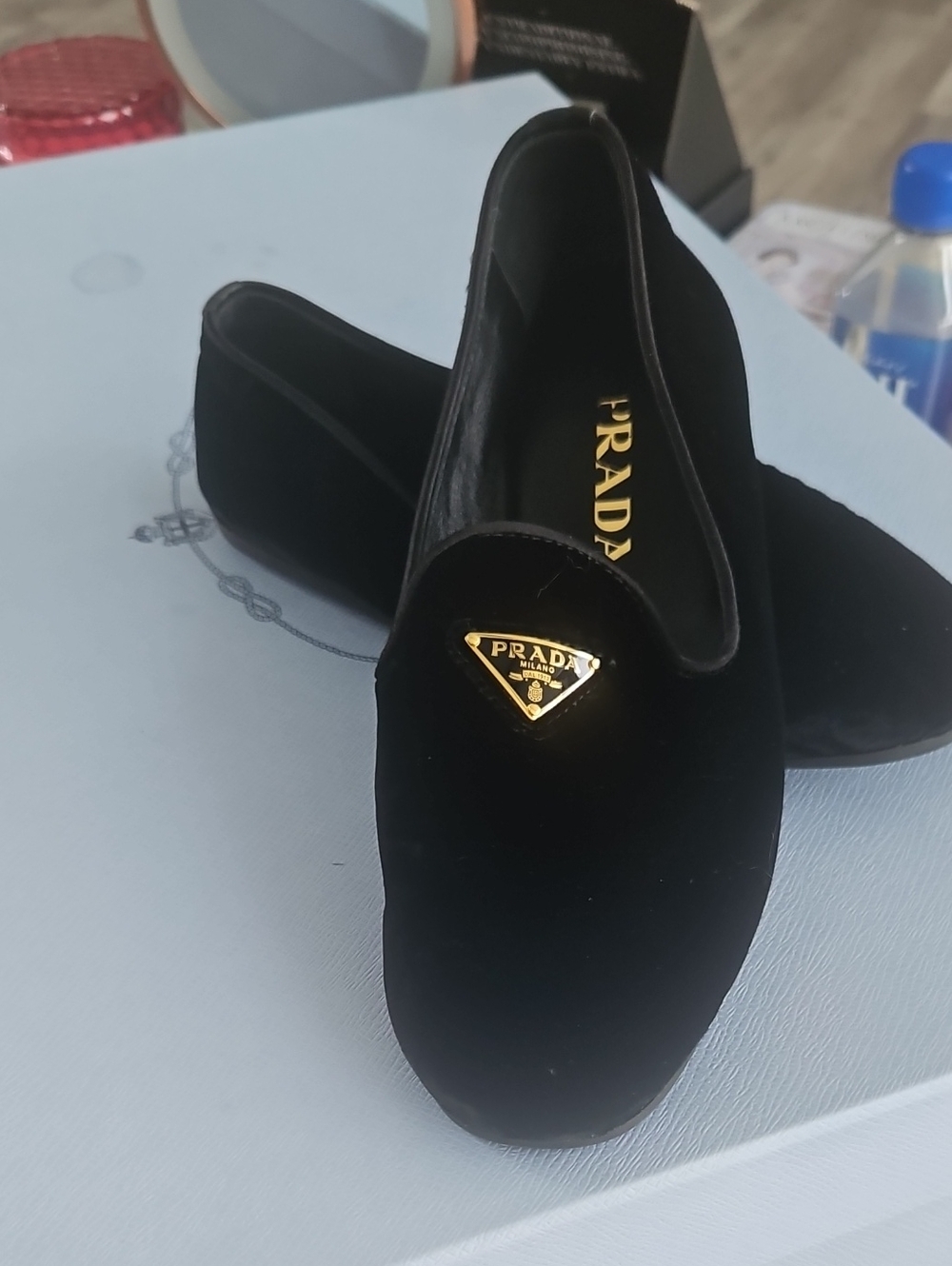 Prada Black Velvet Slip-On Loafers with Gold Triangle Logo